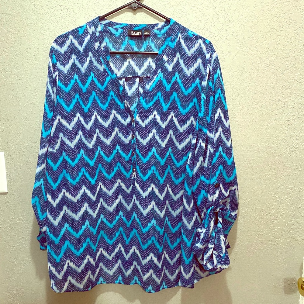 Blue and white long sleeve blouse